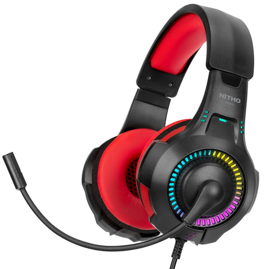 NiTHO NX200 STEREO GAMING HEADSET RED, with Noise Canceling Cardioid Mic & RGB LED Light, Compatible (PC adaptor included)