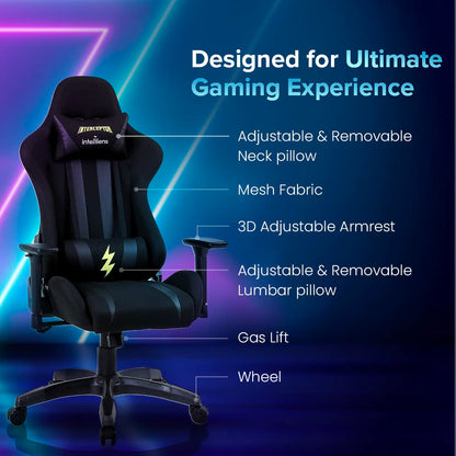INTERCEPTOR Gaming Chair Ergonomic Design with Premium Fabric, Adjustable Neck & Lumbar Pillow, Mesh Fabric - Black