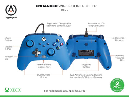 PowerA Enhanced Wired Gaming Controller for Xbox Series X/S, Xbox One, PC, Windows 10/11, Blue (Officially Licensed)