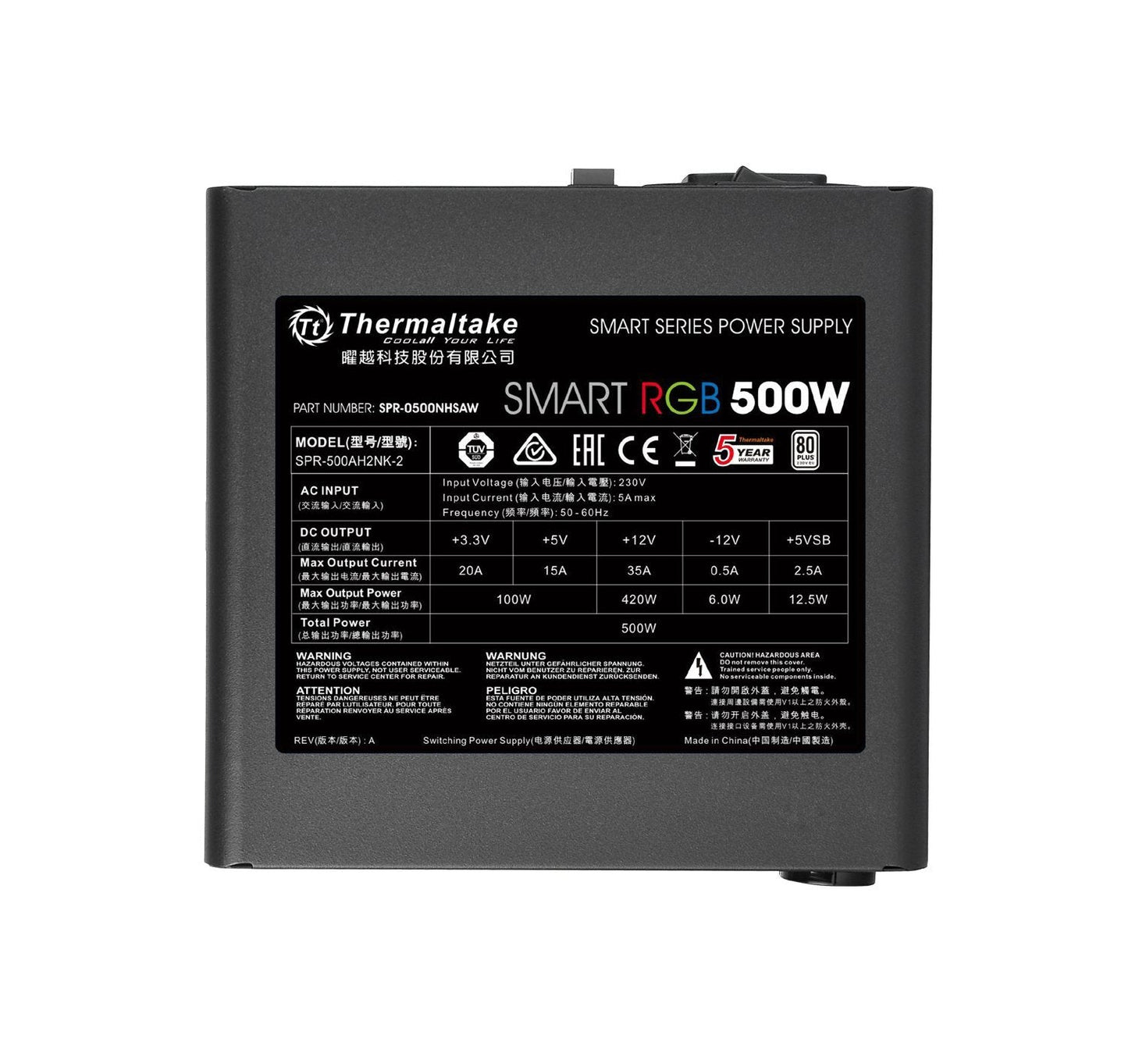 Thermaltake Smart RGB 500W 80+ 256-Color RGB Fan ATX 12V 2.3 Kaby Lake Ready Power Supply 5 Yr Warranty Power Supply PS-SPR-0500NHFAWU-1