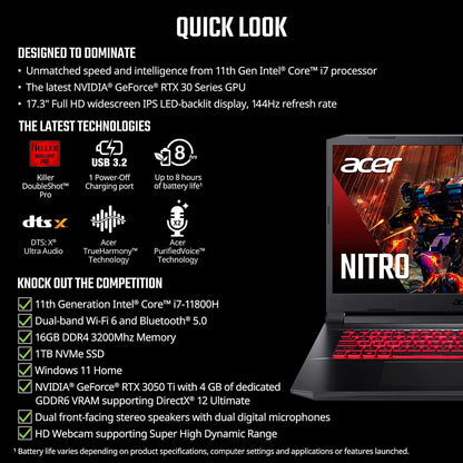 Acer 2022 Nitro 5 (17.3'' FHD 144Hz, Intel i7-11800H, 64GB RAM, 2TB PCle SSD, GeForce RTX 3050Ti 4GB), Backlit Gaming Laptop