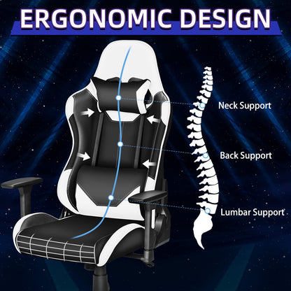 MUZII Gaming Chair, Office Computer Chair with Headrest and Lumbar Pillow and Seat Height Adjustable, High Back Video Game Chairs for Adults Teens White