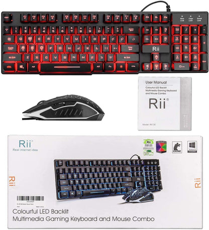 Rii Gaming Keyboard and Mouse Set, Keyboard Colorful Breathing Backlit Gaming Mouse (RK108)