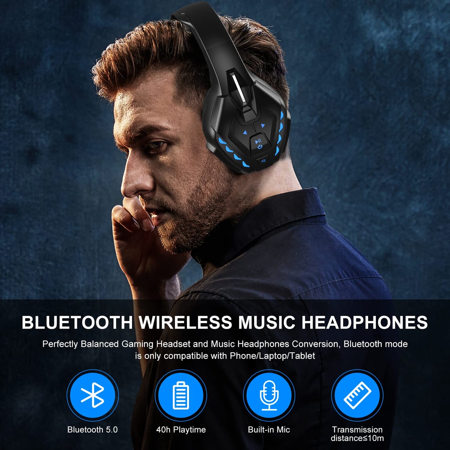 Wireless Bluetooth Gaming Headset, PHOINIKAS Stereo Over Ear Headphones with Detachable Noise Canceling Mic, 3.5mm Cable Wired up to 40h