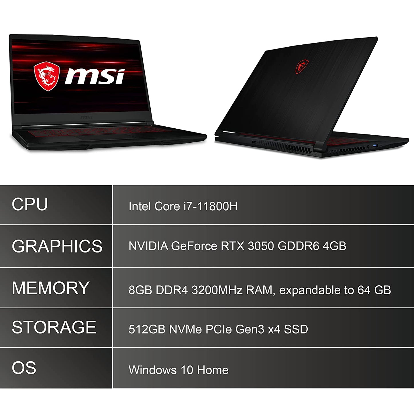 MSI Gaming GF63 Thin, Intel 11th Gen. i7-11800H, 40CM FHD 144Hz Gaming Laptop (8GB/512GB NVMe SSD/Nvidia GTX1650 Max-Q 4GB GDDR6), 11SC-852IN