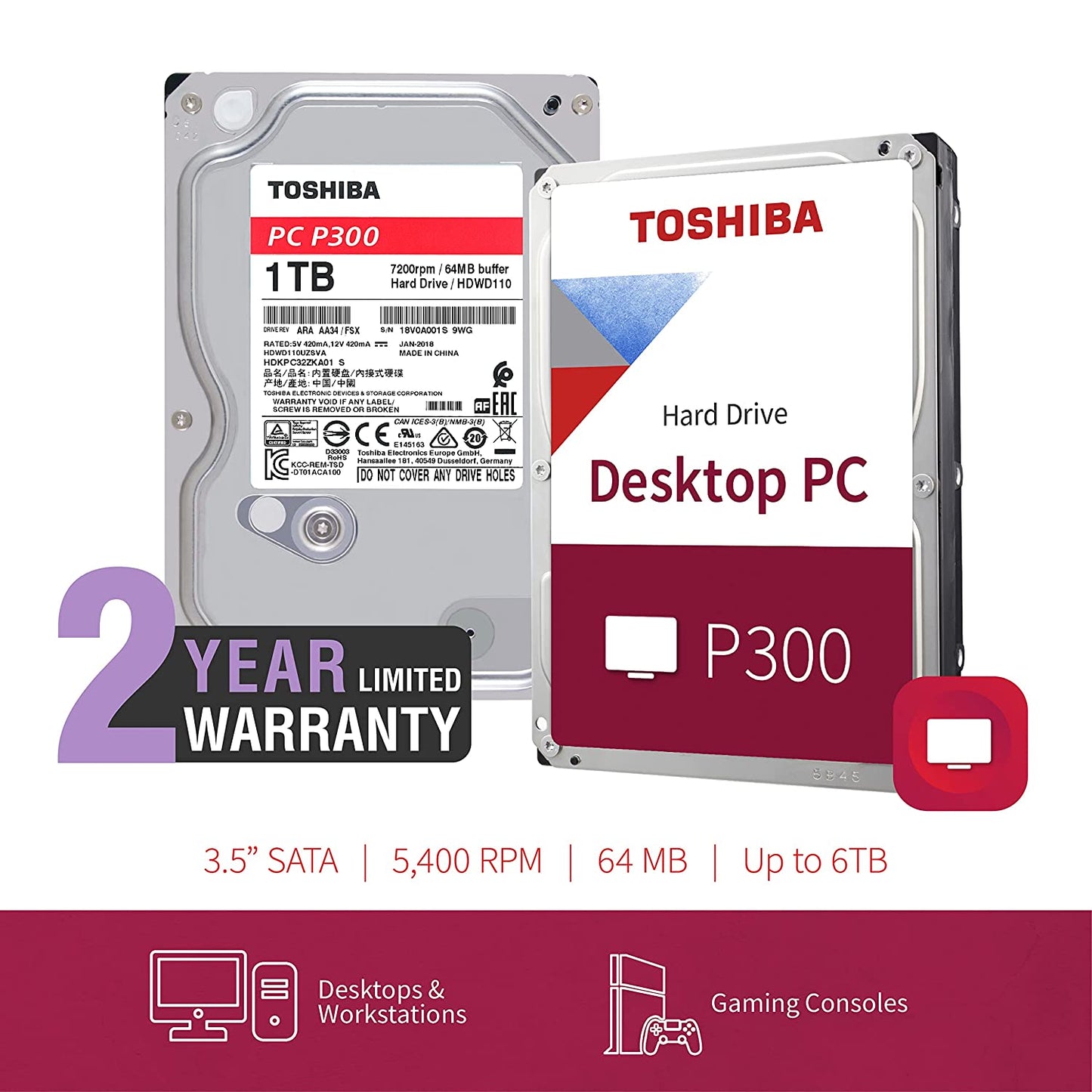 Toshiba P300 Internal 1TB Desktop PC HDD 7200 RPM Hard Drive