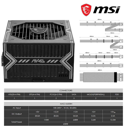 MSI MAG A650BN Gaming Power Supply Unit: 80 Plus Bronze, 650 Watt, 12V Single-Rail, DC-to-DC Circuit, 120mm Fan, 5-Year Limited Warranty