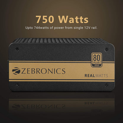 Zebronics Gaming High Efficiency 750watts Power Supply with 80+ Gold Certification, Comes with Quad PCIe and Flat Modular Cables - PGP750W