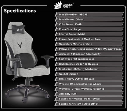 Green Soul Vision Multi-Functional Ergonomic & Gaming Chair in Fabric (GS-399) (Earth) - Store For Gamers