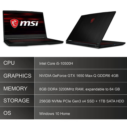 MSI Gaming GF63 Thin, Intel 10th Gen. i5-10500H, 40CM FHD 60Hz Gaming Laptop (8GB/256GB NVMe SSD + 1TB HDD/Nvidia GTX1650 MaxQ 4GB GDDR6), 10SC-611IN - Store For Gamers
