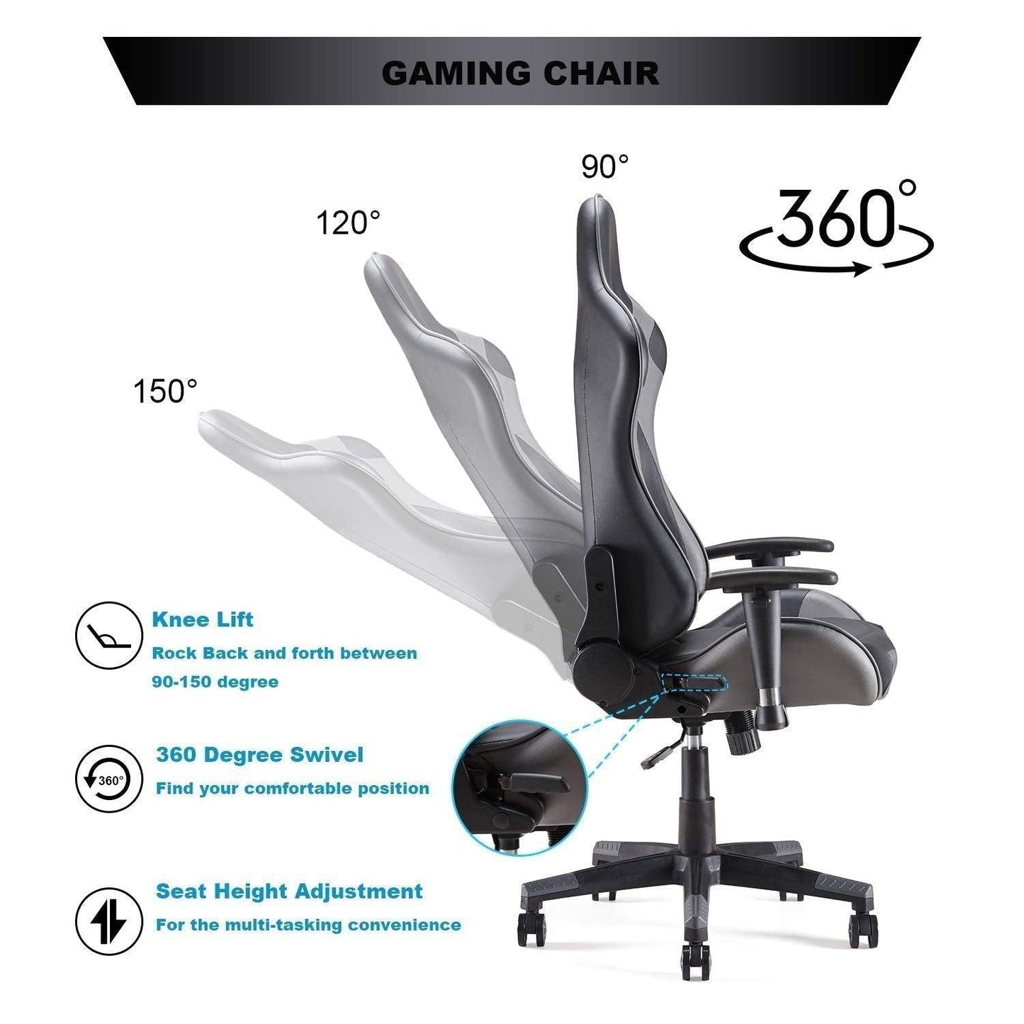 Sunon Massage Gaming Chair with Headrest and Lumbar Support Flexible Armrest, Ergonomic Chair - Black & Gray - Store For Gamers