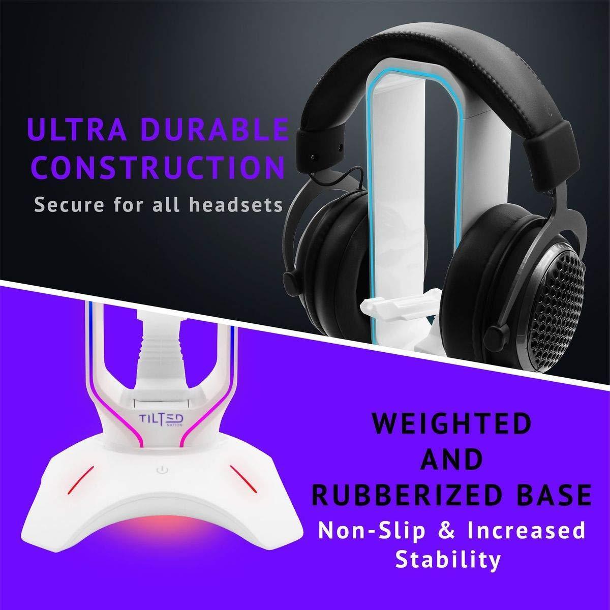 Tilted Nation RGB Gaming Headset Stand - 3 in 1 Design with Mouse Bungee and 2 Port USB 3.0 Hub - White - Store For Gamers