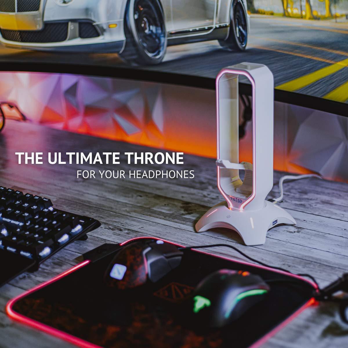 Tilted Nation RGB Gaming Headset Stand - 3 in 1 Design with Mouse Bungee and 2 Port USB 3.0 Hub - White - Store For Gamers