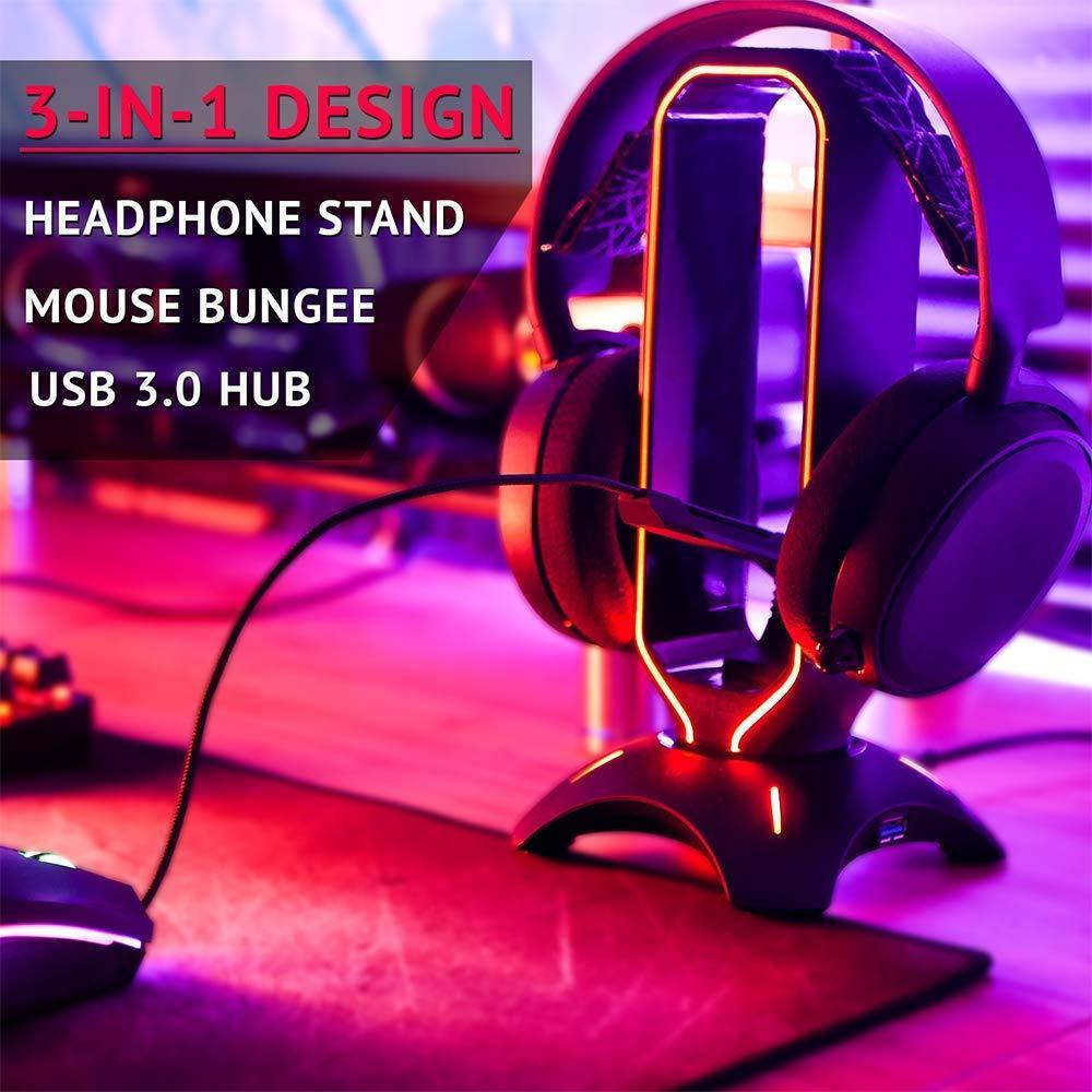 Tilted Nation RGB Headset Stand and Gaming Headphone Display with Mouse Bungee Cord Holder with USB 3.0 HUB - Store For Gamers